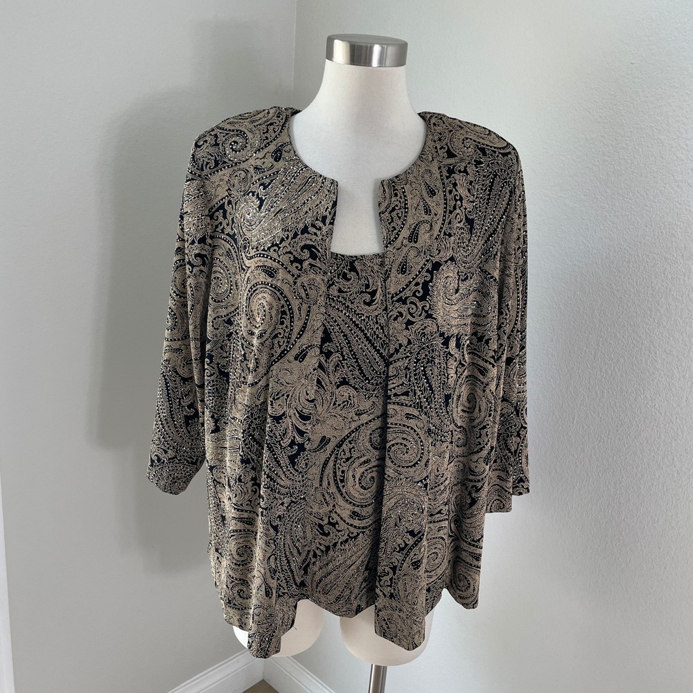 Alex Evenings Woman Plus 2X Black Gold Paisley 2 Piece Set Jacket Cocktail Party